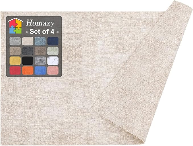 Homaxy Faux Leather Heat Resistant Placemats for Dining Table Set of 4, Waterproof Wipeable Washable PU Table Mats, Easy to Clean Anti-Slip Place Mats, 11.8" x 17", Beige