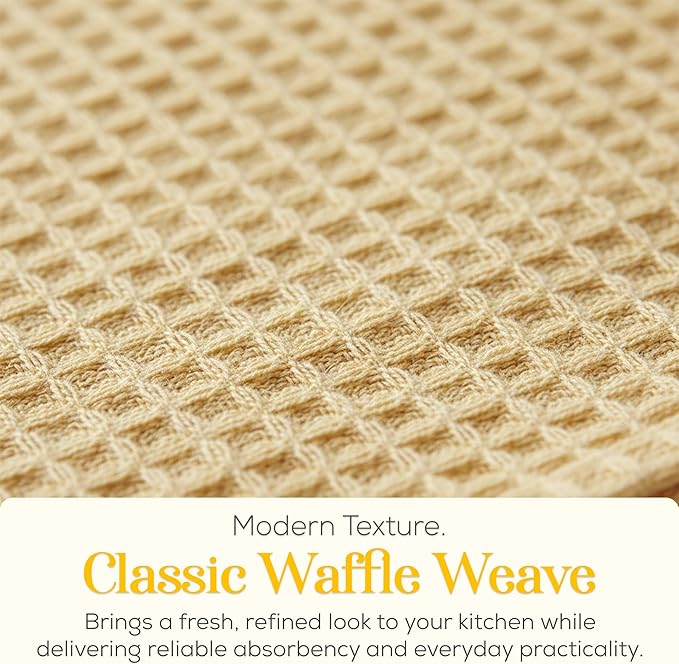 MosJos Kitchen Towels Set of 4 Dish Towels Yellow n White Waffle Weave Cotton Hand Towels, 18 x 28 Absorbent Kitchen Linens
