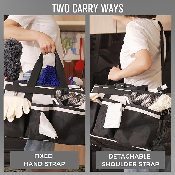 SCAVATA Wearable Cleaning Caddy, Cleaning Caddy Supplies Organizer with Handle & Shoulder Straps for Housekeepers, Under Sink & Car Cleaning Tool Organizers Bag with 4 Foldable Divider (Beige)
