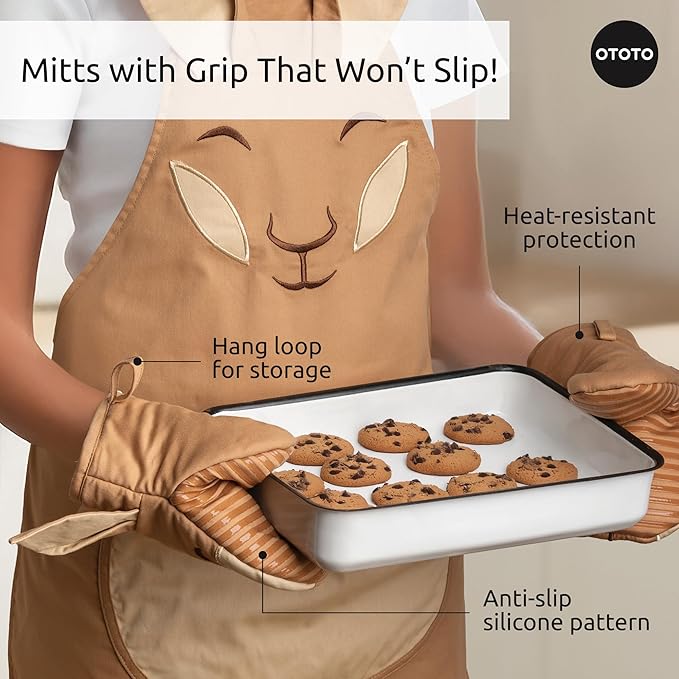 OTOTO Aproo Kitchen Set – Oven Mitts and Chef Apron with Pockets, Cute Cooking Accessories, Funny Kitchen Gift, Kangaroo (Brown Aproo Set)