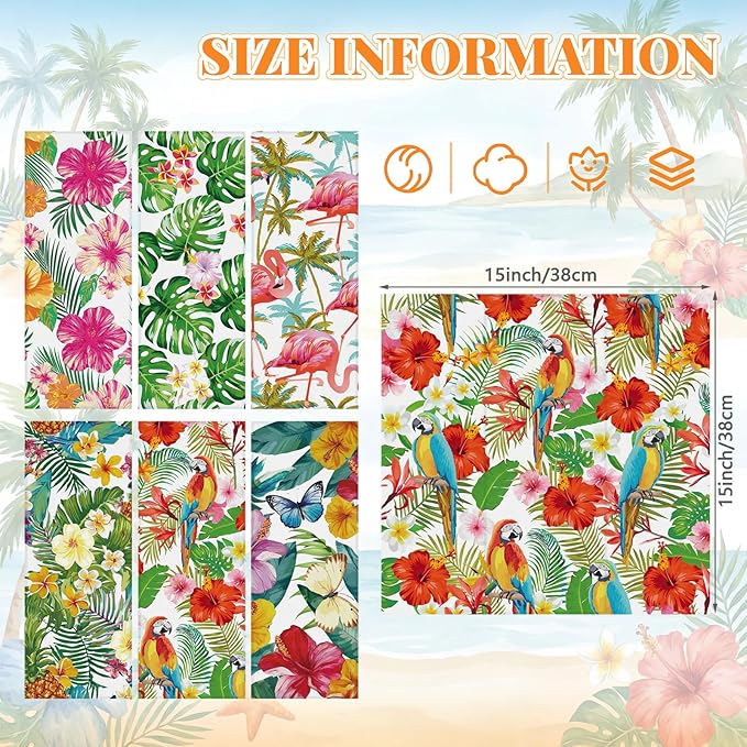 Nuogo 36 Packs Hawaiian Cloth Napkins 15" x 15" Hawaiian Guest Cloth Napkins with Tropical Floral Palm Leaves Flamingo Hand Towel for Summer Luau Party BBQ Dinner Wedding Table Decor