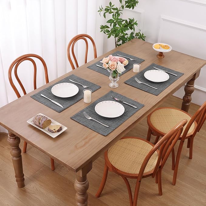 SHACOS Washable Cloth Placemats Set of 6 Fabric Place Mats Double Layered Thick Faux Linen Placemat Non Slip Reversible Table Mats Home Wedding Table Decor, Dark Grey