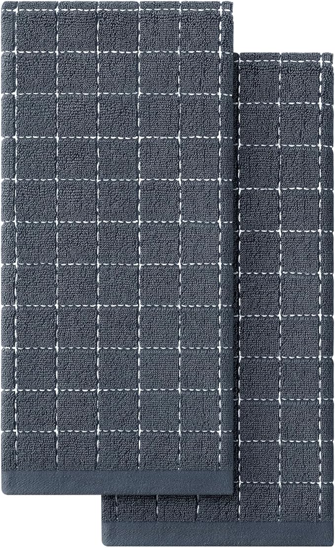 Homaxy 100% Cotton Terry Kitchen Towels(Dark Grey, 13 x 28 inches), Checkered Designed, Soft and Super Absorbent Dish Towels, 2 Pack