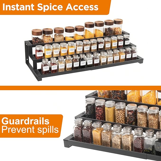 3-Tier Spice Rack Organizer for Kitchen Cabinet or Pantry, 16"-29" Expandable Spice Organization Shelf, Seasoning Organizer, Metal Display Shelf, Slip-Resistant Design for Jars and Bottles, Black