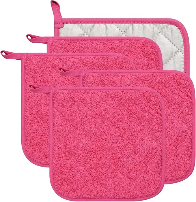 100% Cotton Kitchen Everyday Basic Terry Pot Holder Heat Resistant Coaster Potholder for Cooking and Baking Set of 5 (Dark Pink)
