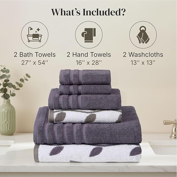 Modern Threads Natural Vine 6-Piece 100% Cotton Towel Set – Yarn Dyed Jacquard – Includes 2 Bath Towels, 2 Hand Towels, 2 Washcloths – Absorbent, Quick Dry, Soft & Durable – Purple