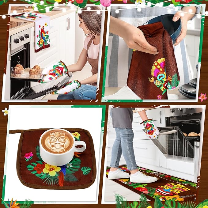Fourluoo 10 Pcs Hawaii Kitchen Towels Oven Mitts and Pot Holder Luau Aloha Kitchen Set Decor Flower Tropical Palm Rugs and Mats Parrot Flamingo Dish Towels for Summer Chef Baking Cooking Grilling BBQ