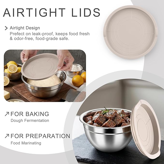 HaWare Mixing Bowls with Airtight Lids, 6-Piece Stainless Steel Salad Bowls, Strong Nesting Bowls for Cooking, Prepping, Baking, Serving & Food Storage, Stackable Design, Size 4.6, 3, 1.5QT, Khaki