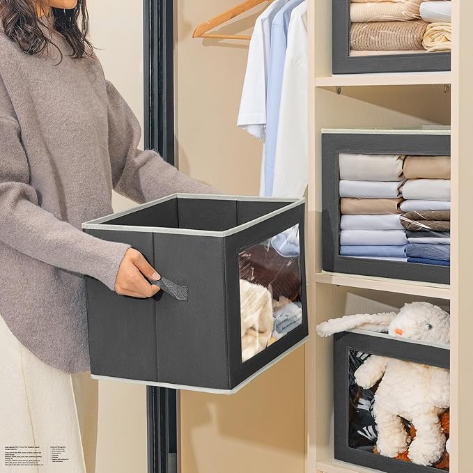 Homsorout Stackable Storage Bins with Lids - Large Storage Box with Lids, Foldable Closet Boxes for Organizing, Wardrobe Clothes Organizer with Window, Cubes Bins for Living Room, 3 Pack, Dark Grey