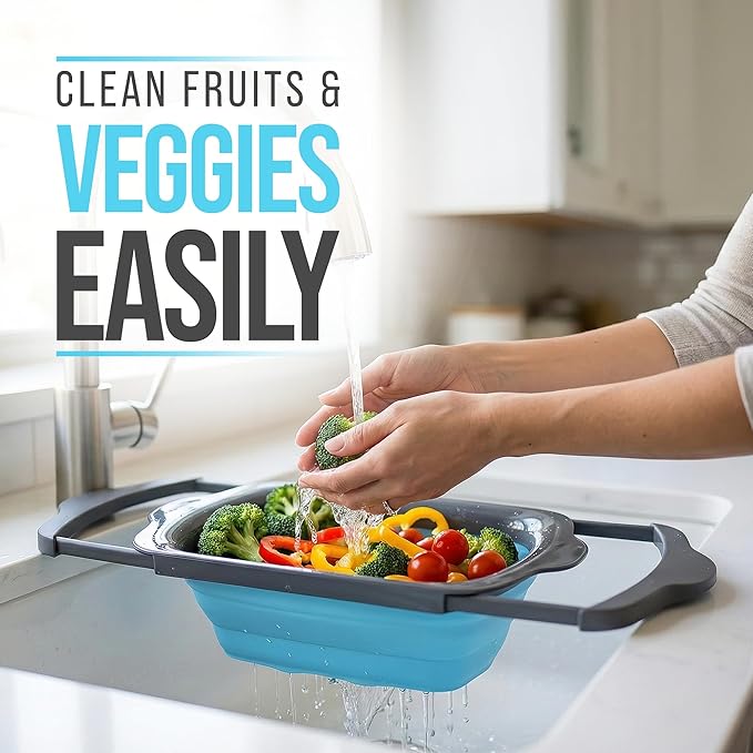 Comfify XL Large Kitchen Strainer - Collapsible Silicone Over - The-Sink Colander with Extendable Handles - Use with Pasta, Fruit, Berries & Veggie - 6 Quart - Blue