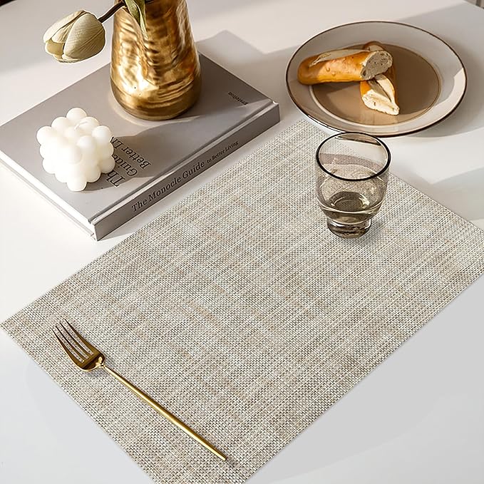 Vinyl Placemats Set of 8, PVC Woven Washable Non-Slip Table Mats, Heat Resistant Wrinkle Free Place Mats for Dining Table, Easy to Clean (8, Caramel)