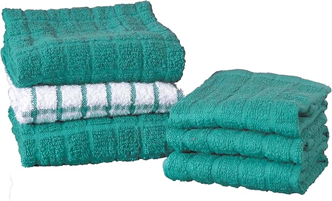 Ritz Premium Kitchen Towel and Dish Cloth Value Set: Highly Absorbent, Super Soft, Long-Lasting, 100% Cotton Checked and Solid Hand Towels, Tea Towels, Bar Towels - 6 Pack, Teal