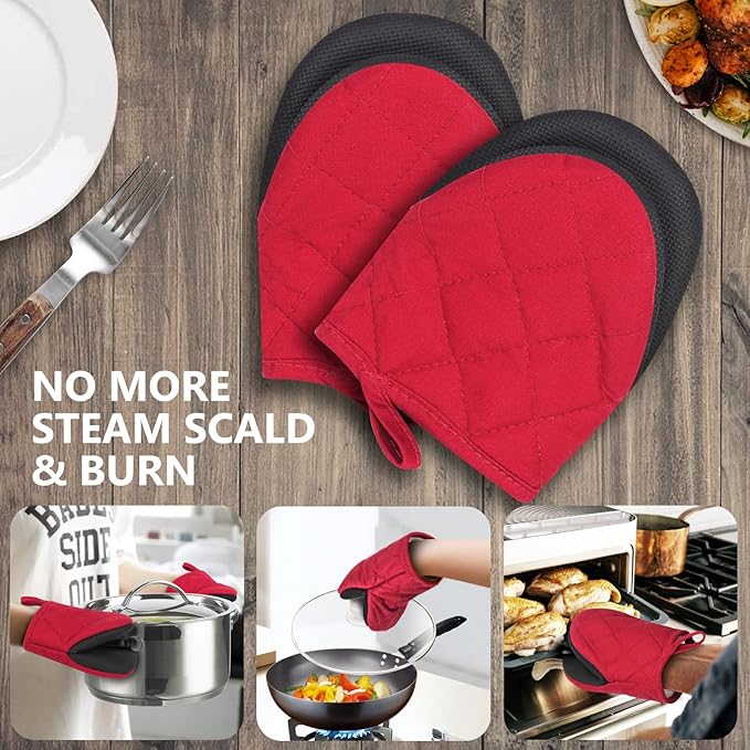 Short Oven Mitts, Heat Resistant 500°F, Silicone Grip Kitchen Gloves, Non-Slip for Baking, Grilling, BBQ, Machine Washable with Hanging Loop, 2-Pack Set, Red