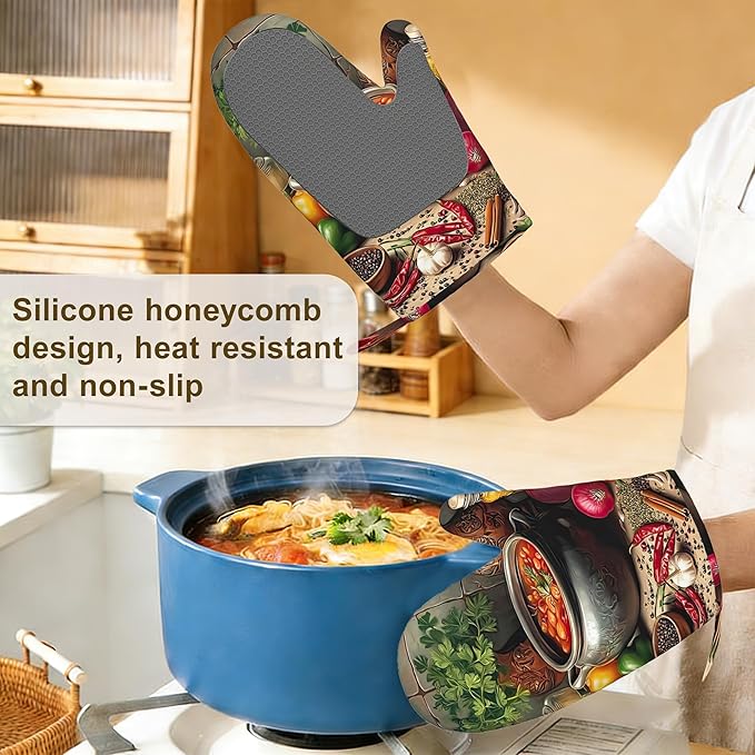 Herbs Spices Seasonings Oven Mitts and Pot Holders Set of 4, Heat Resistant Non Slip Kitchen Gloves Hot Pads,Chef Cooking Baking Gifts for Women Bakers,Kitchen Gifts for Cooking Lover Cooks
