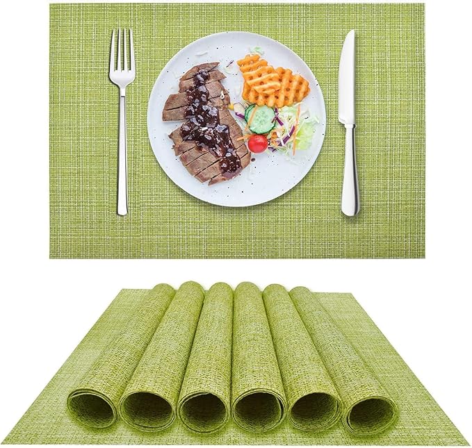 DACHUI Placemat, Crossweave Woven Vinyl Non-Slip Insulation Placemat Washable Table Mats Set of 6 (6pc, Green)