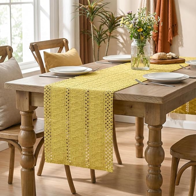 Artoid Mode Yellow Farmhouse Woven Rustic Hollow Table Runner, Seasonal Holiday Hollow Kitchen Dining Table Decoration for Home Party Decor 12x90 Inch