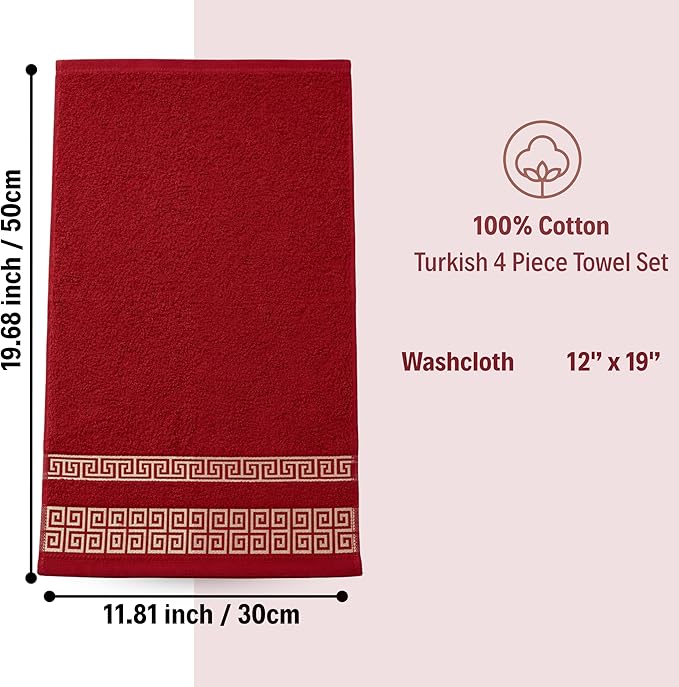 4 Piece WashCloth Set with Greek Key Design - 100% Cotton Soft & Absorbent Bathroom 12x19 in Small Towels - Soft Face Towels, Quick Dry Burgundy Wash Cloth for Spa, Hotel & Home Use CC3