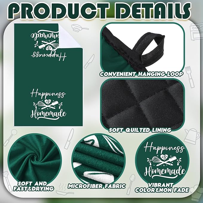 Sratte 6 Pcs Kitchen Decor Accessories Set Farmhouse Towels Pot Holders Oven Mitts Set 2 Dish Towels 2 Potholders 2 Cooking Mittens Oven Glove for Christmas Baking Cooking(Dark Green,Kitchen)