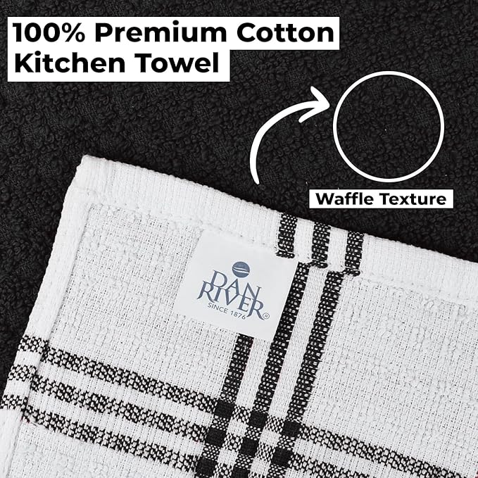 DAN RIVER Premium Kitchen Towels - [Pack of 6] 100% Cotton (16 x 26 Inches) -Super Soft,Highly Absorbent, Quick Dry, Dish Towels for Kitchen Towels -Black