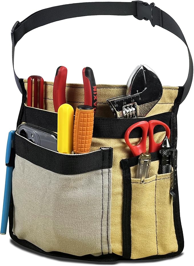 5-Pocket Utility Tool Belt Pouch for Men and Women, Adjustable Canvas Waist Belt Bag for Electrician Maintenance Gardening Carpentry, Durable Multi Work Apron for Tools & Accessories (Gray+Yellow)