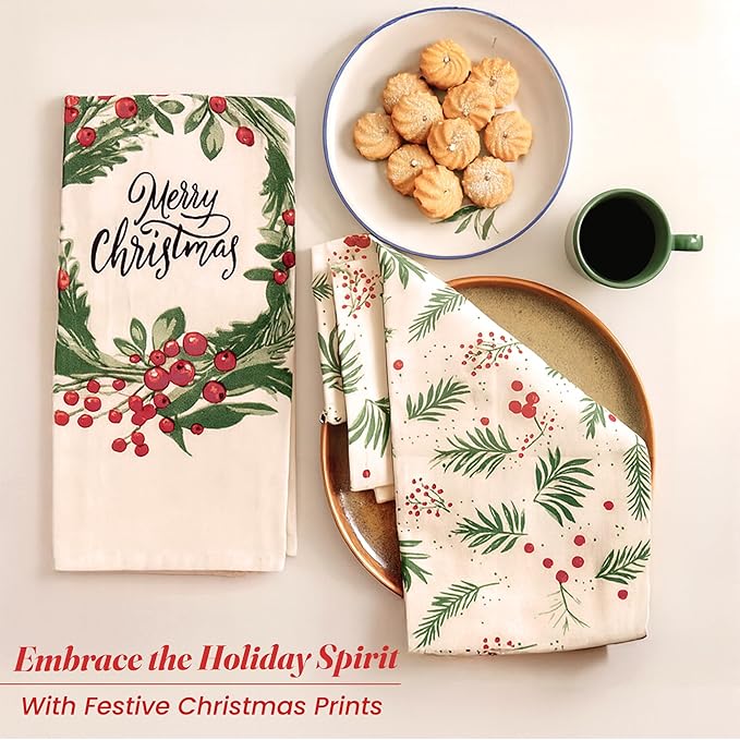 The Fine Living Co. 100% Cotton Kitchen Towels Set of 2, 18 x 28 inches, Merry Christmas Printed Dish Towels, Hand Towels, Boho Tea Towels - Multifunctional, Stylish, Absorbent, Quick Dry, Soft