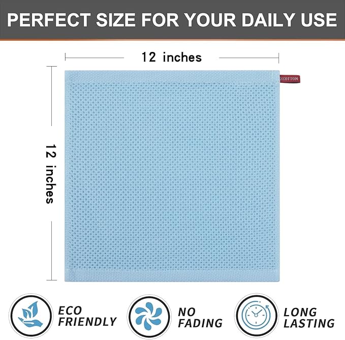 Kitinjoy 100% Cotton Kitchen Dish Cloths (12 X 12 Inches, Sky Blue), 6 Pack Waffle Weave Ultra Soft Absorbent Dish Towels for Drying Dishes Quick Drying Kitchen Towels Dish Rags