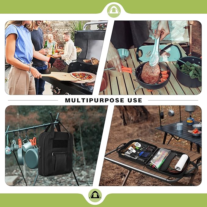 HODRANT Hanging Camp Utensil Organizer with Towel Paper Holder, Portable Camping Kitchen Cookware Bag for Knives, Forks, Spoons & More, Outdoor Cooking Tools Storage Box for Travel & Hiking, Bag Only