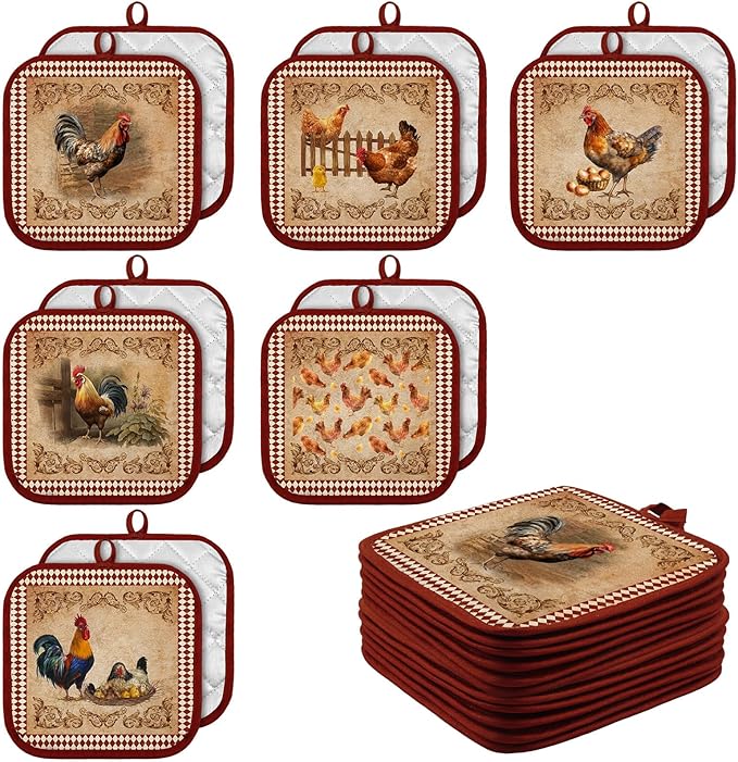 Bencailor 12 Pcs Pot Holders with Pocket Kitchen Hot Potholders Hot Pad Oven Mitts Cookie Bag Oven Gloves for Kitchen Gift Baking Cooking(Brown and Red,Rooster)