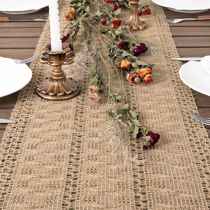 Socomi Boho Table Runner Easter Spring Farmhouse Burlap Jute Bamboo Rustic Dining Kitchen Centerpiece Decor Long Macrame Woven Coffee Table Runner for Dresser Scarf Home Decor 12x90 inch