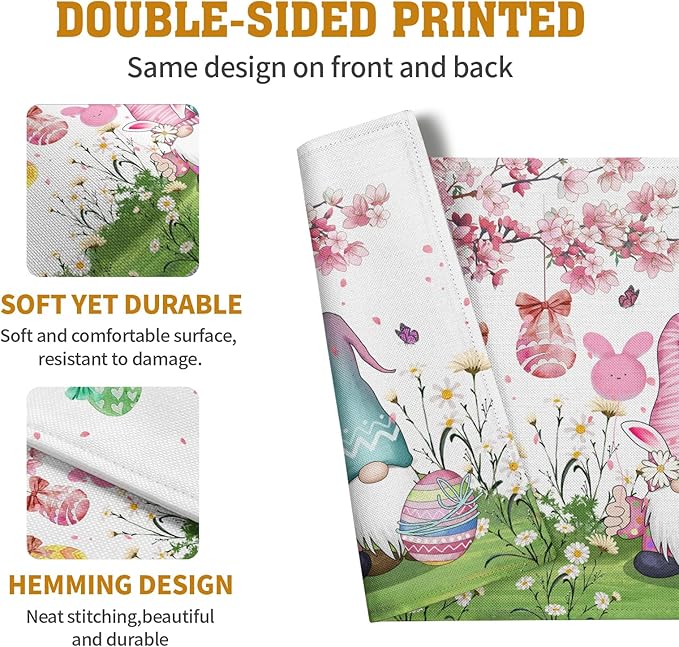 Easter Gnomes Bunny Placemats Set of 4 Easter Eggs Flowers Place Mat 12x18 Inch Seasonal Spring Farmhouse Washable Linen Table Mats for Party Kitchen Dining Outdoor Indoor Decor