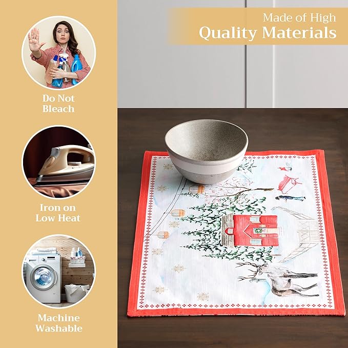 Maison d' Hermine Placemats Set of 4 100% Cotton Washable Cloth Place Mats, Reusable Table Mats for Thanksgiving Christmas Decorations Kitchen Dining Party Wedding (Rural Christmas, 13" x 19")