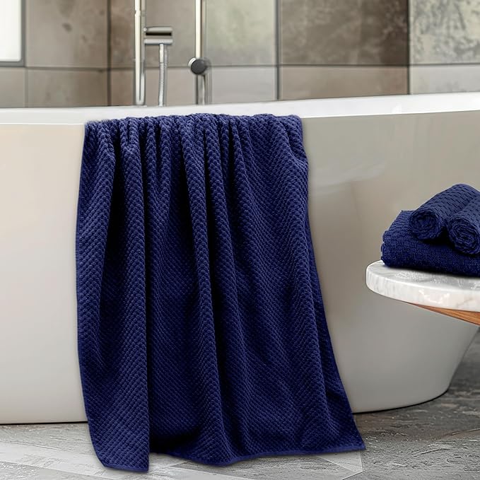 COTTON CRAFT Waffle 6 Piece Towel Set - 100% Cotton - 2 Oversized Luxurious Euro Spa Waffle Weave Large Bath Towels, 2 Hand Towels, 2 Washcloths - Absorbent Quick Dry Hotel Bathroom Shower - Navy