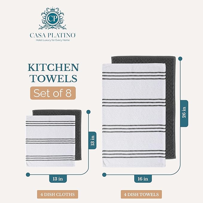 Casa Platino 8PC Cotton Kitchen Towels, 16"x26", Summer Grey Kitchen Towels