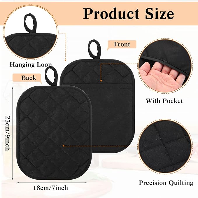 Hoolerry 30 Pieces Pot Holders with Pocket Sublimation 7x9'' Cotton Oven Pot Holders Bulk with Hanging Loops Pads for Kitchen Cook Baking (Black)