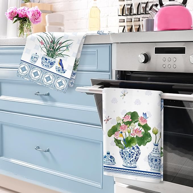 Blue and White Porcelain Tea Towels, Cotton Kitchen Towel 18.9 × 27.5 inch, Quick Drying Dish Cloth for Party Anniversary Holiday Decoration, Housewarming Gifts for Mom
