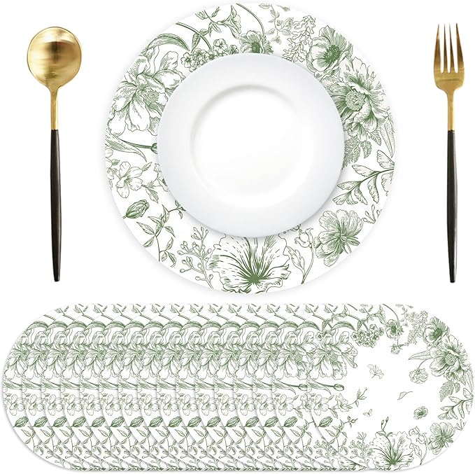 50 Pack Paper Placemats Disposable Green Floral Placemats 13.7 Inch Vintage Sage Green Flower Place Mats Chinoiserie Round Table Mats for Dinner Table Setting Birthday Wedding Party Supplies