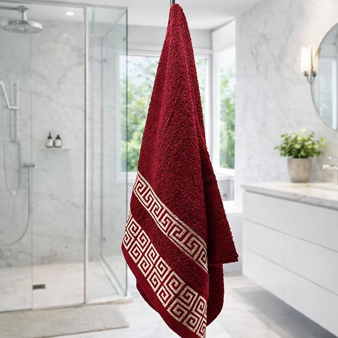 Luxury 4 Piece Bath Towel Set with Greek Key Design - 100% Cotton Soft & Absorbent Bathroom 27x54 in Extra Large Towels - Quick Dry, Plush & Durable - Burgundy Towels Set for Home, Spa & Hotel Use AA3