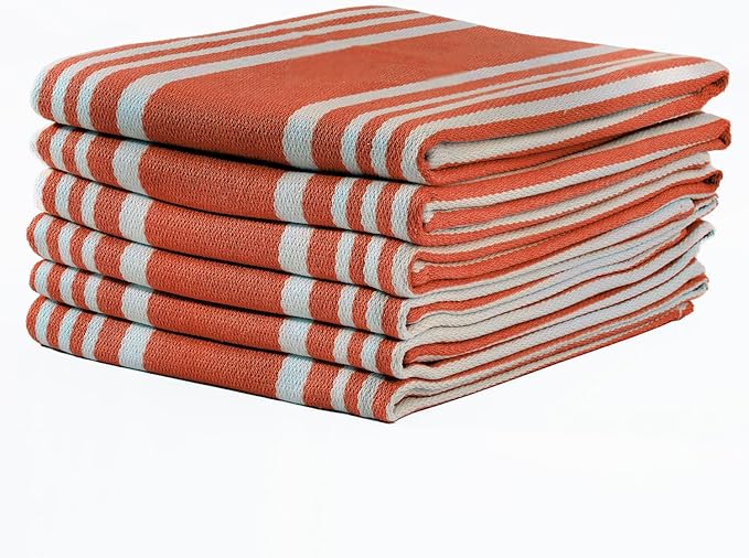 TEXAS LINEN CO. American Stripe Kitchen Towels 100% Cotton Pack of 6, Highly Absorbent Quick Drying, Soft Dish Towels 20x30 Inch for Kitchen w Hanging Loop, Hand & Tea Towel - Orange & White Striped