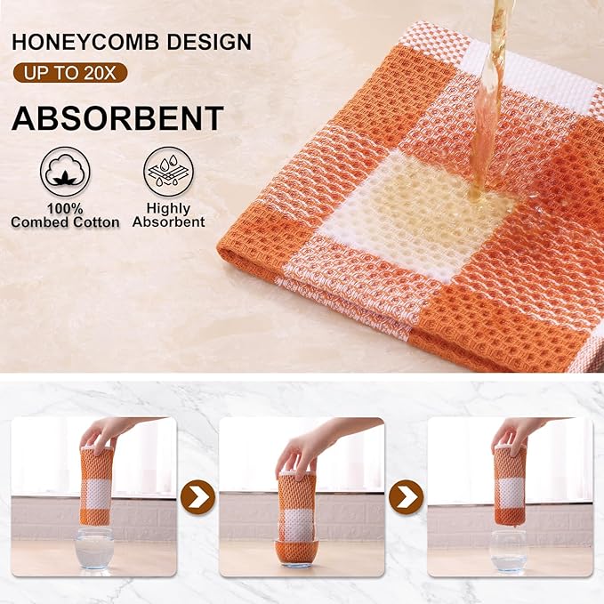 Mordimy 100% Cotton Waffle Weave Plaid Dish Cloths, 12 x 12 Inches, Super Soft and Absorbent Quick Drying Buffalo Check Dish Rags for Kitchen, 12-Pack, Orange & White