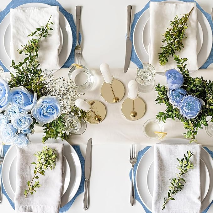 Set of 8 Cotton Linen Placemats, 15x15 Round Scalloped Cloth Table Mats, Embroidery Machine Washable, Wrinkle Resistance Fabric Place Mats for Wedding Summer Baby Shower Party Table Decor-Blue
