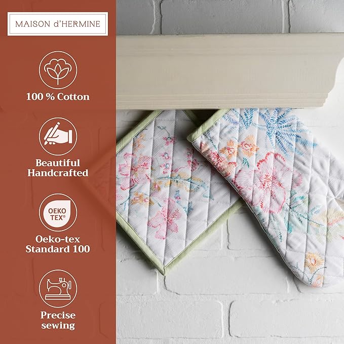 Maison d' Hermine 100% Cotton Oven Mitt & Pot Holder Set (7.5"x13" & 8"x8") Heat Resistant Cooking Gloves with Loop Baking Grilling Kitchen Gifts for Mothers Day Spring/Summer (Paradise Island)
