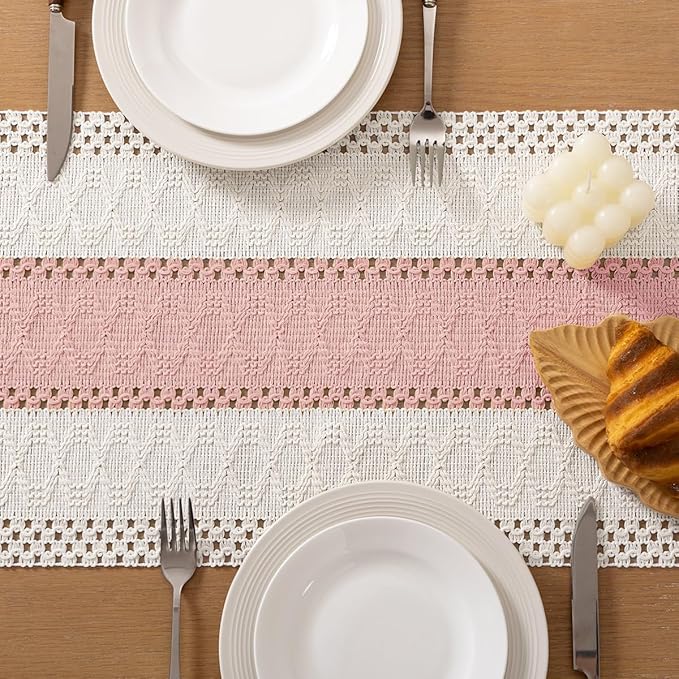 Socomi Boho Table Runner Easter Spring Farmhouse Rustic Dining Kitchen Centerpiece Decor Small Macrame Woven Cotton Linen Coffee Table Runner for Dresser Scarf Home Decor 12x72 inPink Ivory
