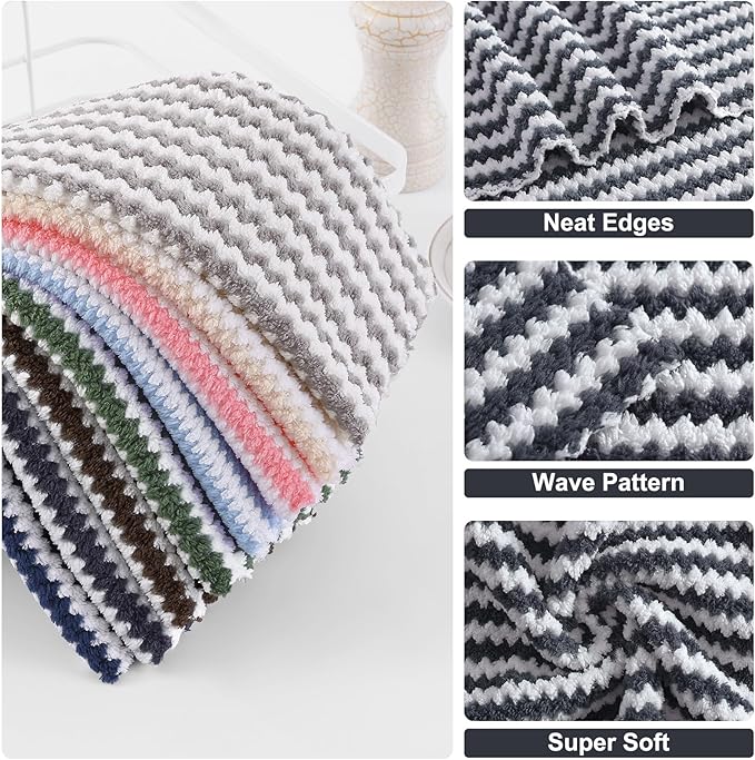 Homaxy 12 Pack Kitchen Dish Cloths, Ultra Soft and Absorbent Dish Towels, Reusable Fast Drying Microfiber Cleaning Cloth, Coral Velvet Wave Design No-lint, 7 x 9 inches, Dark Grey/Navy Blue/Beige