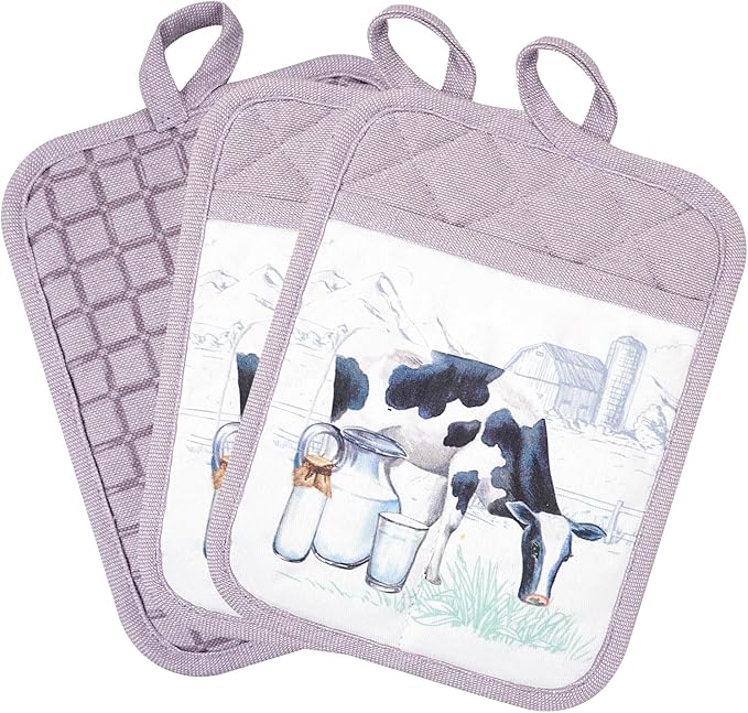 Pot Holders Set of 3 Silicone Printing Non Slip Heat Resistant, Yarm-Dyed Hot Pads Cotton Home Kitchen Cooking Barbecue Microwave Women Men Machine Washable BBQ Grilling. (Purple Potholders)