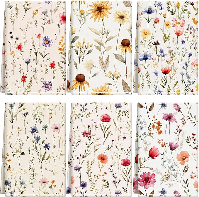 HunnmingRe Wildflower Floral Flour Sack Towels - Set of 6 Spring Flour Kitchen Towels Large 28 x 27 Inch Reusable Versatile Cotton Cloths Bathroom Decor Housewarming Gift, Vintage Flower(Vintage)