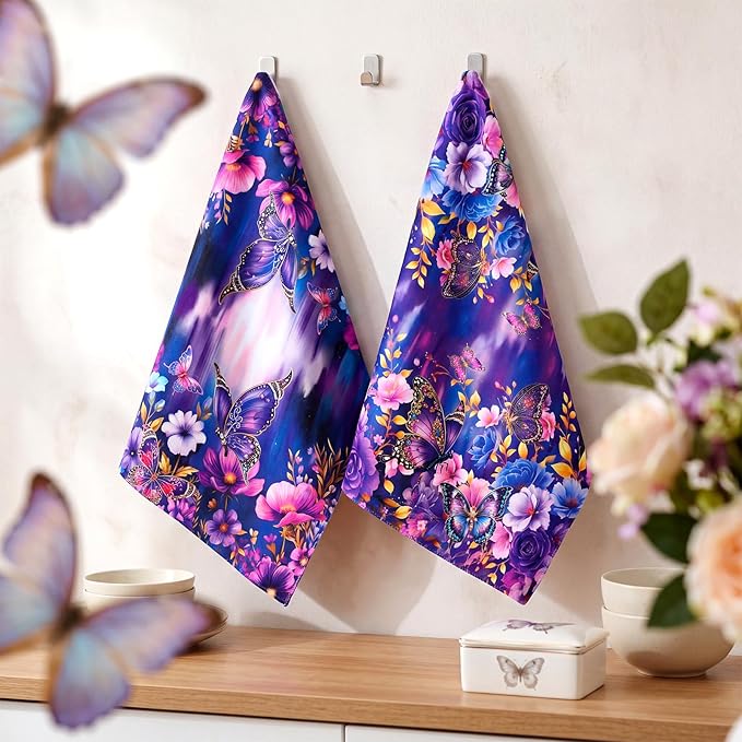 Breling Set of 6 Purple Butterfly Kitchen Towels Floral Butterfly Dish Towel Bathroom Decorative Purple Cloths for Kitchen Bathroom Home Cooking Housewarming Gifts, 14 x 21 Inch