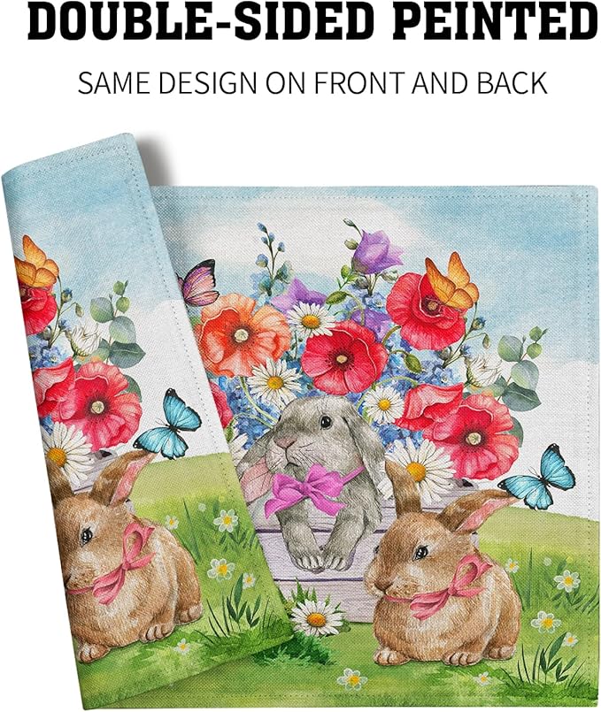 Easter Rabbit Floral Place Mats - Bunny Placemats Set Spring Flowers Colth Table Mats for Home Kitchen 12x18 in
