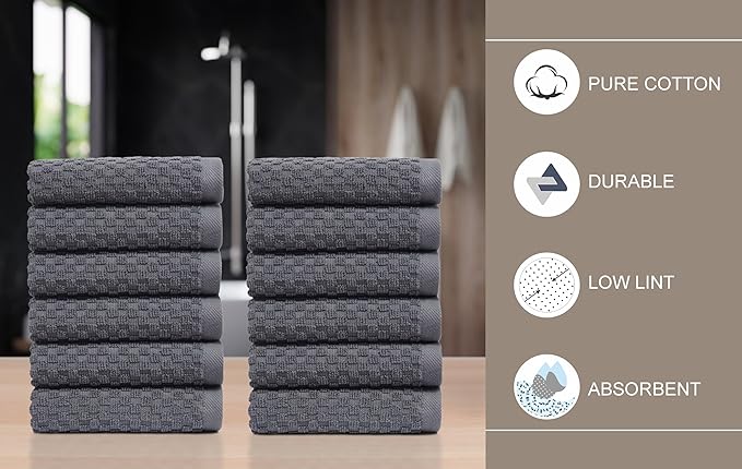 COTTON CRAFT Euro Spa Waffle Wash Cloth - Set of 12 Luxury Pure Ringspun Cotton Waffle Weave Bathroom Face Towel - Everyday Absorbent Hotel Gym Shower Beach Kitchen Travel Dorm - 12x12 inches - Grey