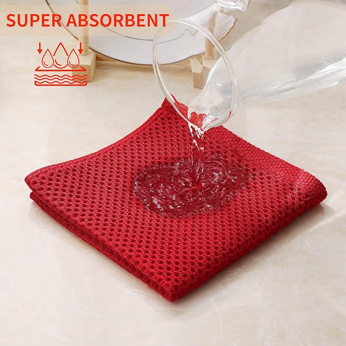 Kitinjoy 100% Cotton Kitchen Dish Cloths, 6 Pack Waffle Weave Ultra Soft Absorbent Dish Towels for Drying Dishes Quick Drying Kitchen Towels Dish Rags, 12 X 12 Inches, Red