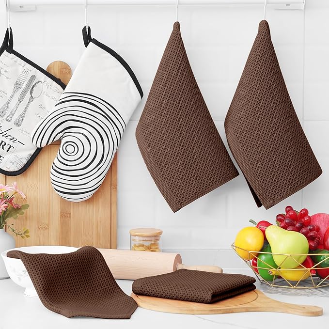 Homaxy 100% Cotton Waffle Weave Kitchen Dish Cloths, 4-Pack Ultra Soft Absorbent Dish Towels, Quick Drying Dish Rags, 12 x 12 Inches, Coffee